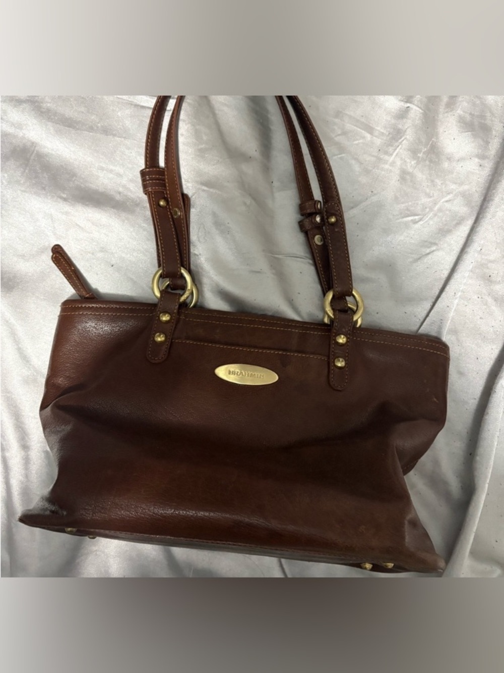 Brahmin Chestnut Brown Leather Tote with Gold Accents